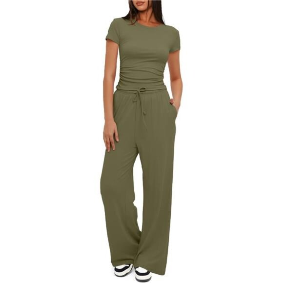 Women's Piece Lounge Set Ruched Top Wide Leg Pants Tracksuit